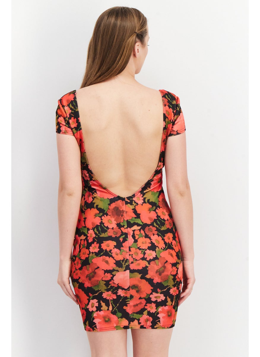 Women Allover Print Short Sleeve Belted Bodycon Dress, Red Combo