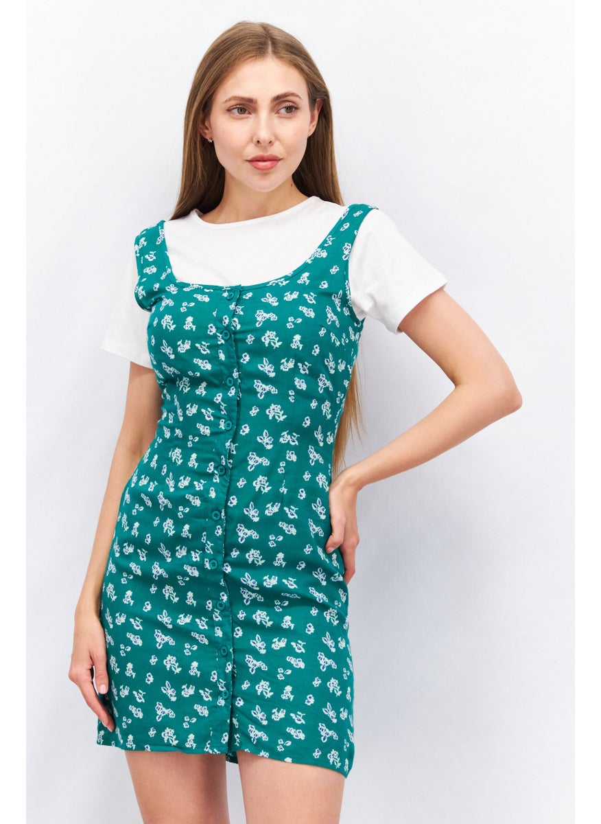 Women 2 Piece Mini Dress With T-Shirt, Green