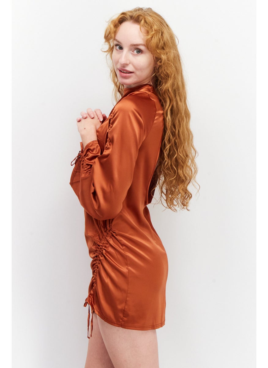 Women Solid Mini Dress, Brown