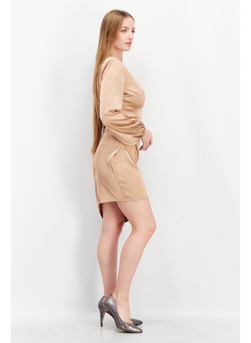Women Plain Long Sleeve Padded Shoulder Midi Dress, Nude