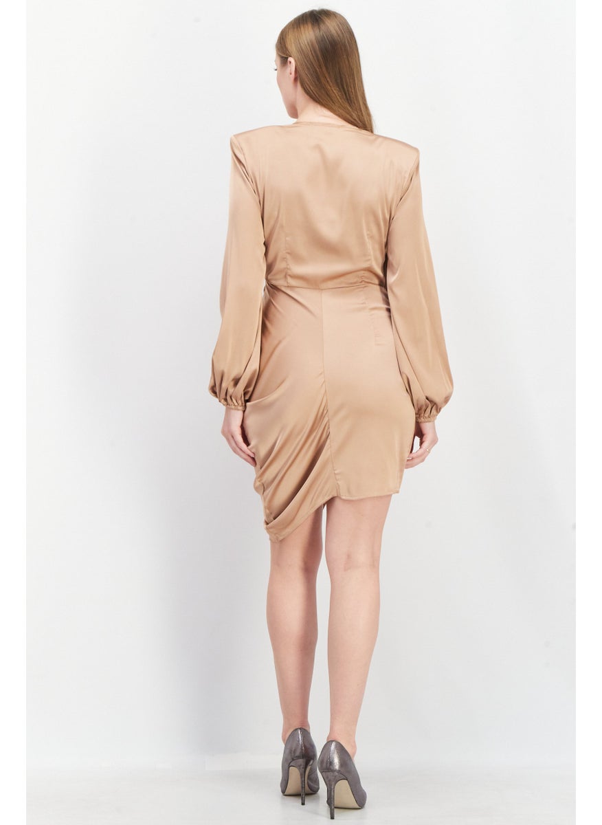 Women Plain Long Sleeve Padded Shoulder Midi Dress, Nude