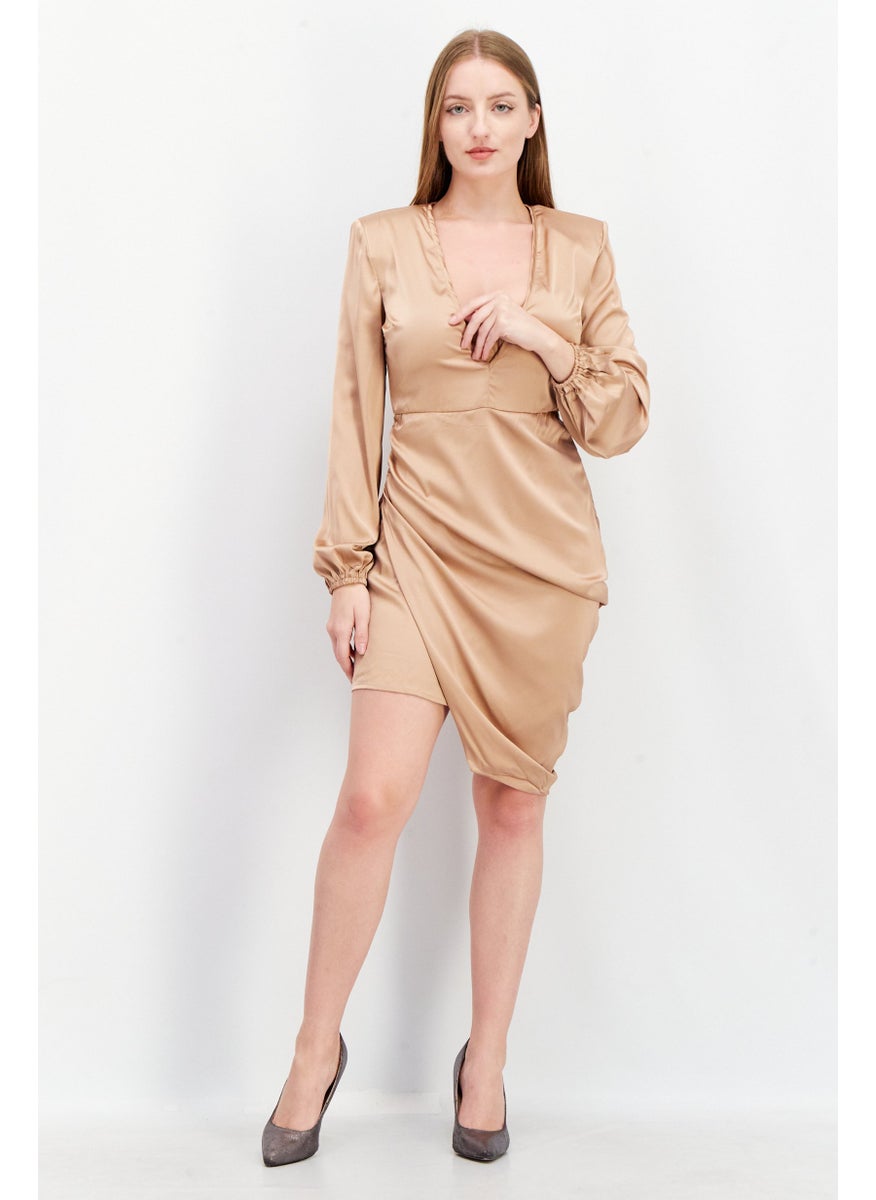 Women Plain Long Sleeve Padded Shoulder Midi Dress, Nude