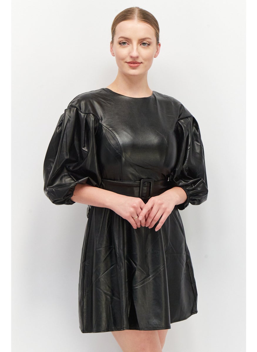 Women Belted Tie Back Leather Mini Dress, Black