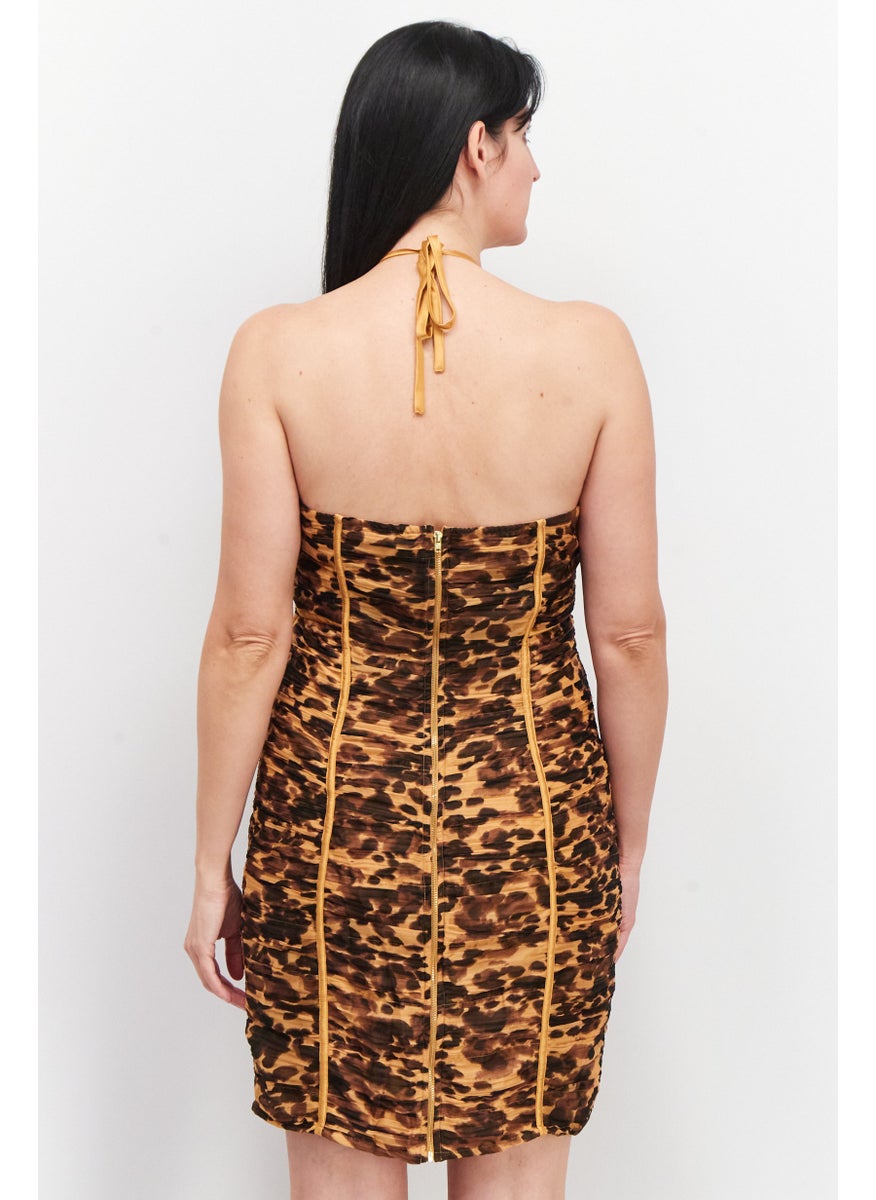Women Animal Printed Mini Dress, Brown