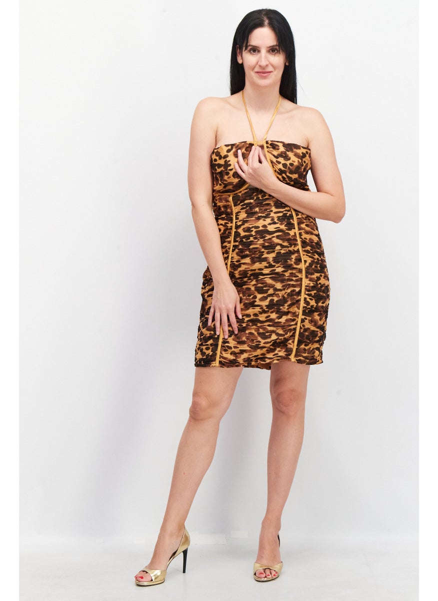 Women Animal Printed Mini Dress, Brown