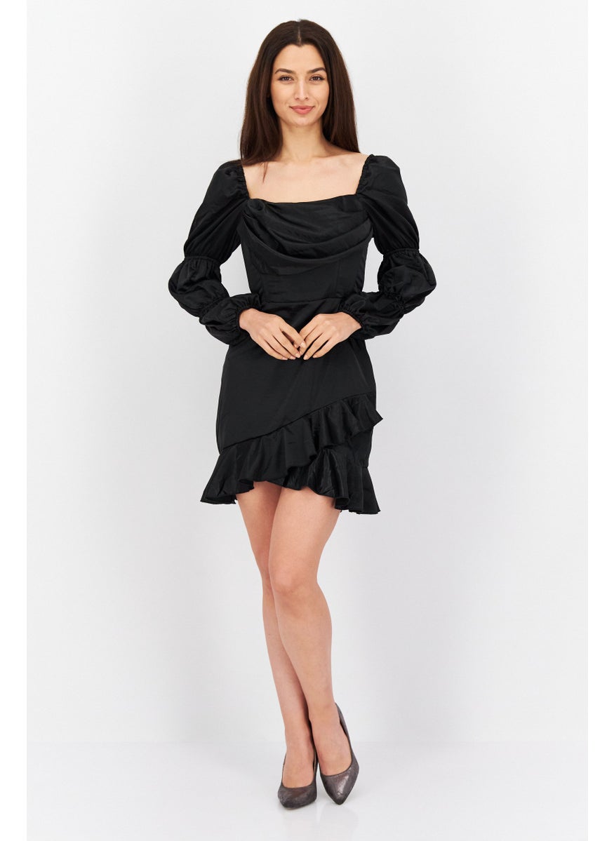 Women Solid Mini Casual Dress, Black