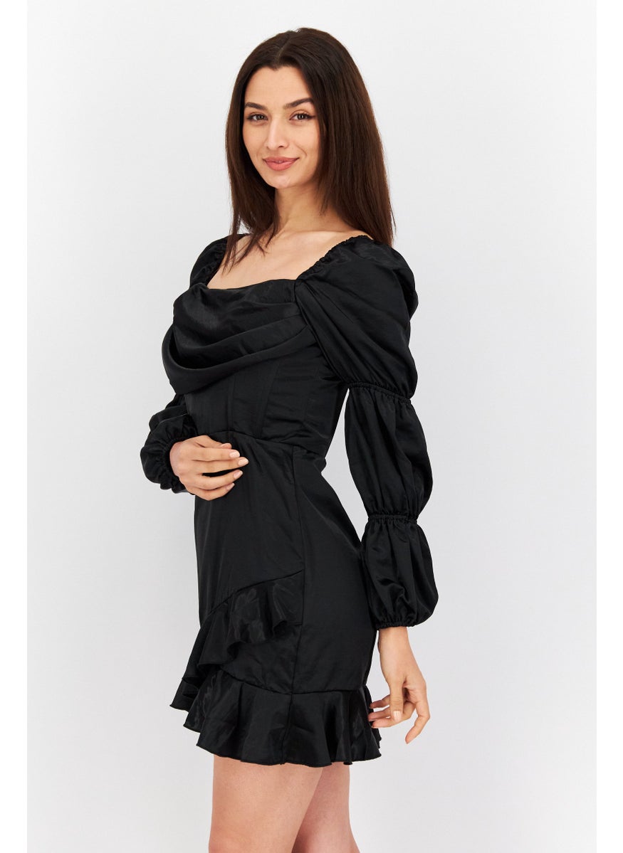 Women Solid Mini Casual Dress, Black