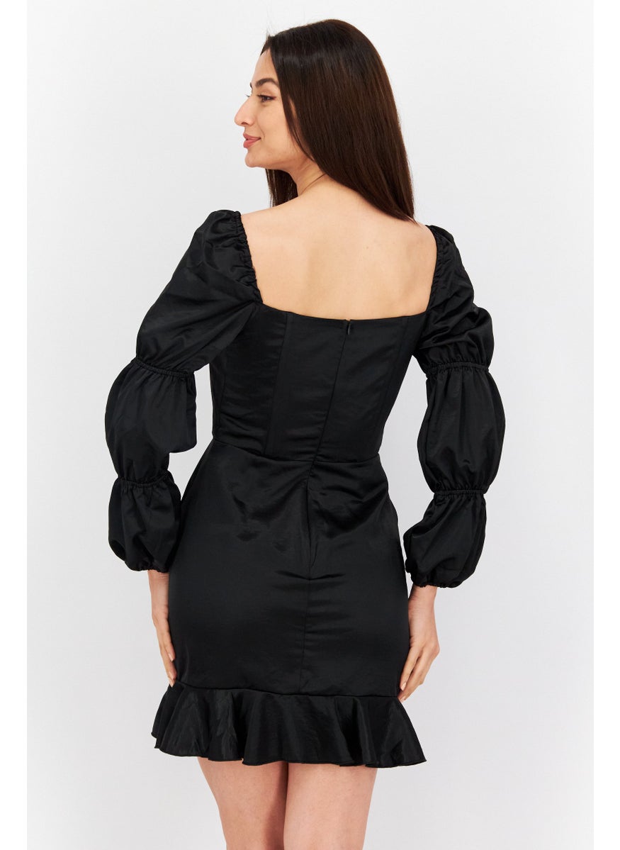 Women Solid Mini Casual Dress, Black
