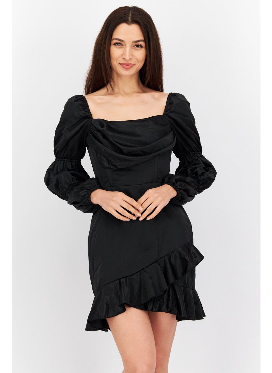 Women Solid Mini Casual Dress, Black