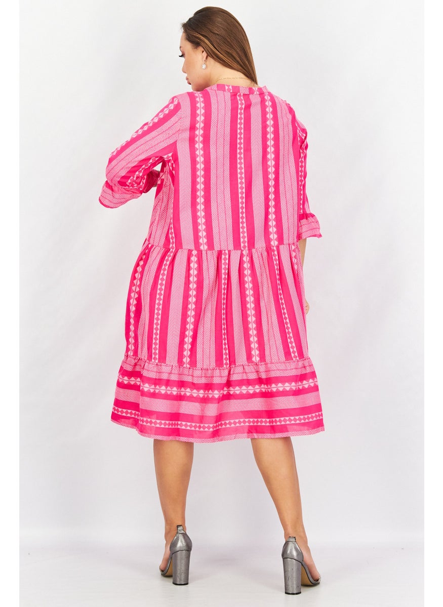 Women 3/4 Sleeves Pattern Dress, Pink