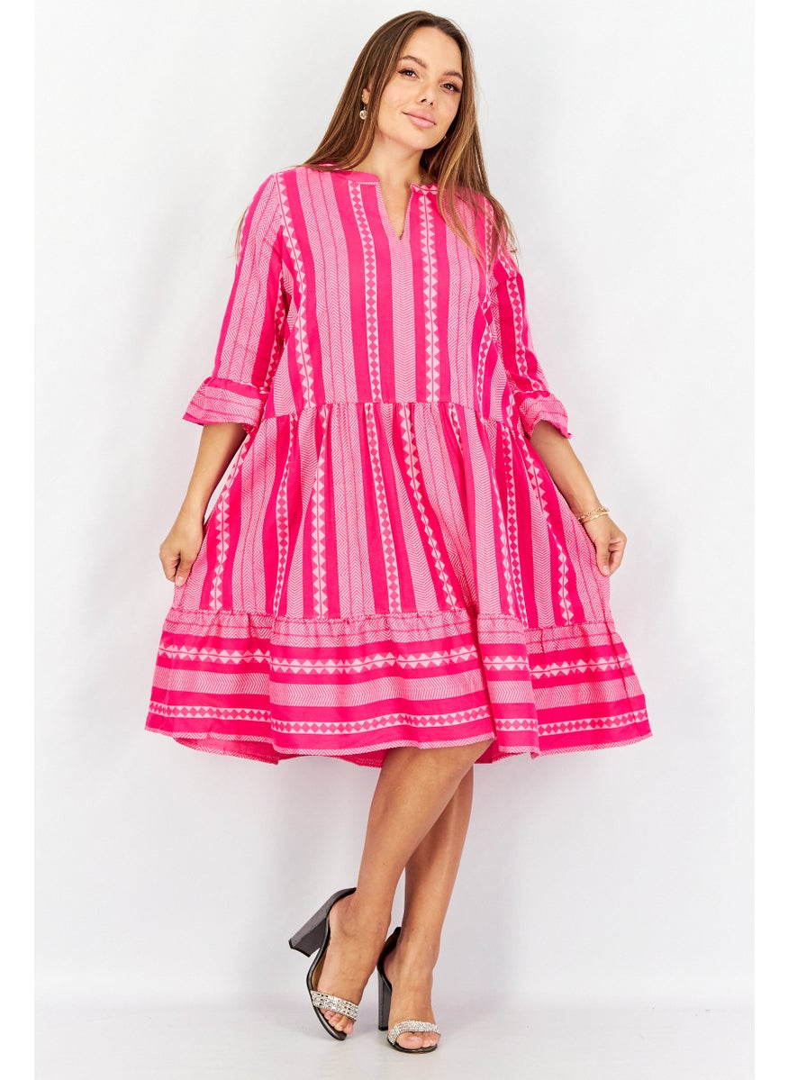 Women 3/4 Sleeves Pattern Dress, Pink