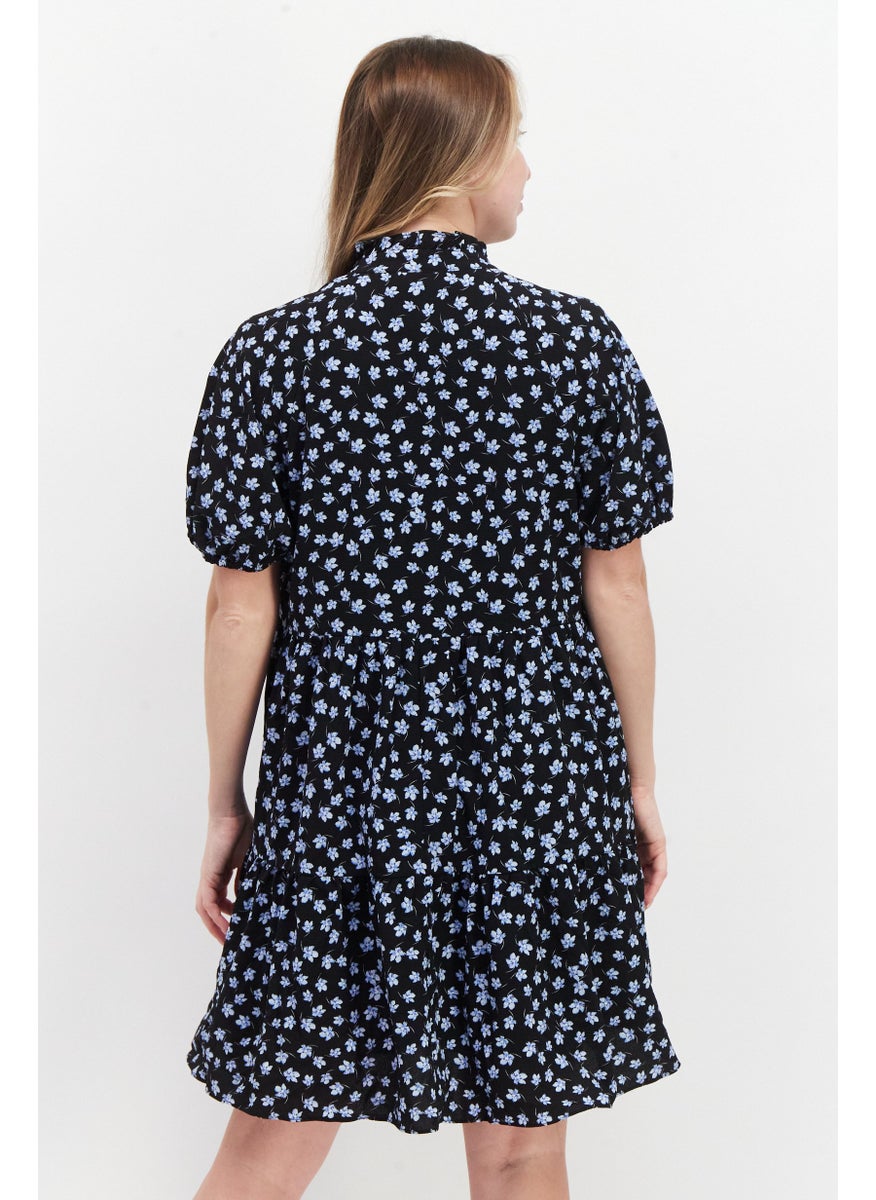 Women Floral Print Mini Casual Shift Dress, Black