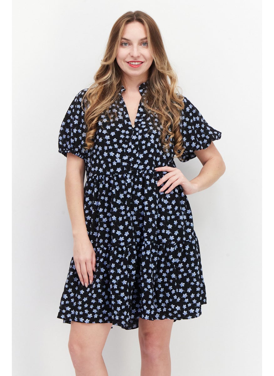 Women Floral Print Mini Casual Shift Dress, Black