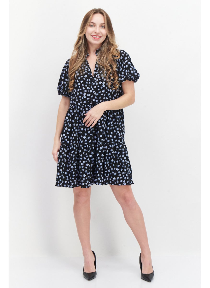 Women Floral Print Mini Casual Shift Dress, Black