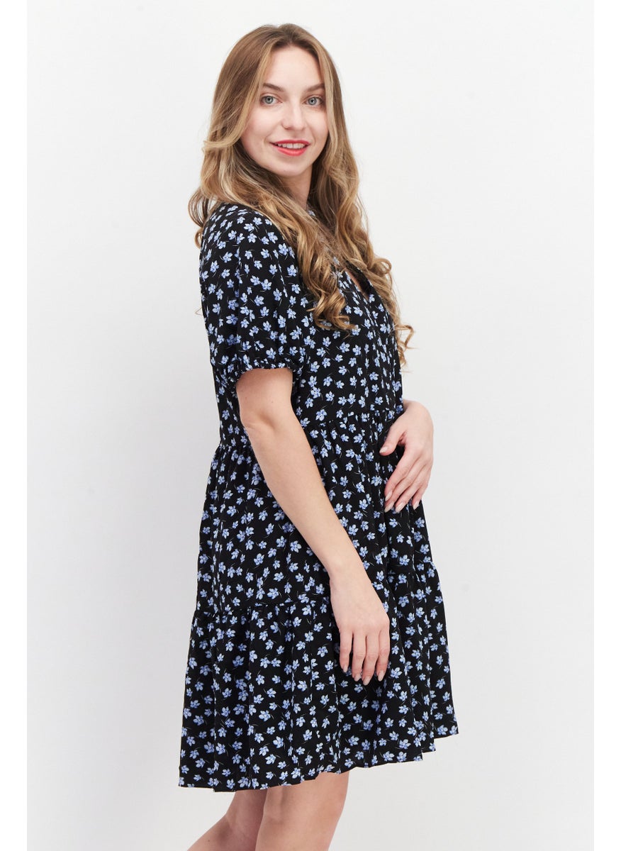 Women Floral Print Mini Casual Shift Dress, Black