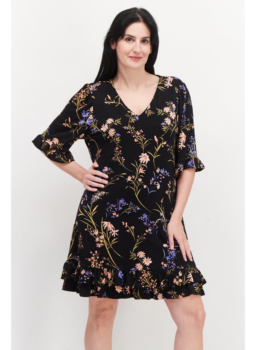Women Floral Print Mini Dress, Black Combo