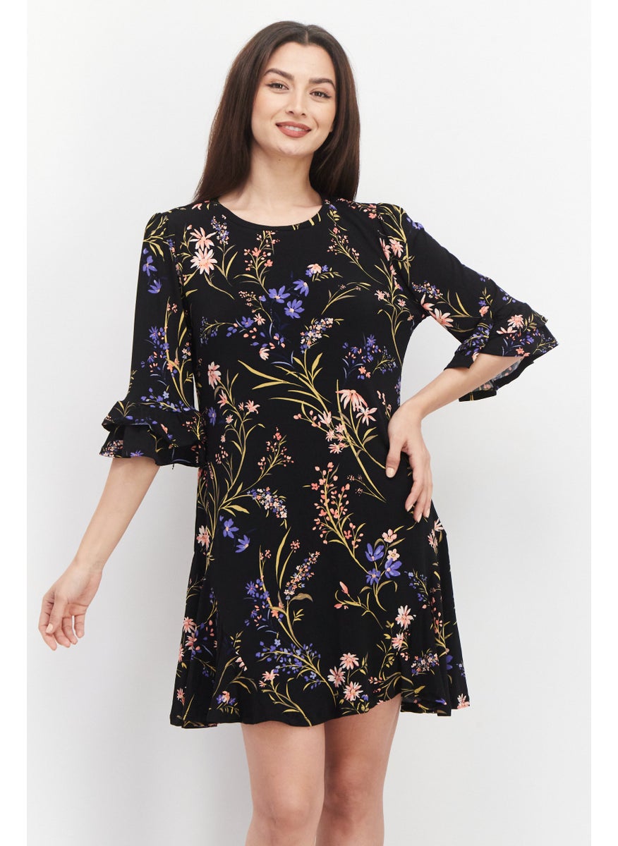 Women Floral Pattern Mini Dress, Black Combo