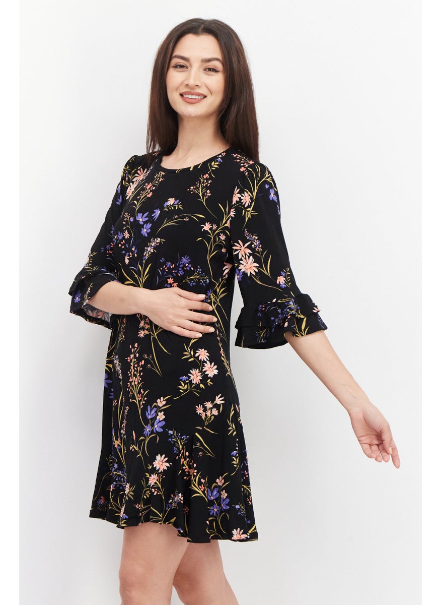 Women Floral Pattern Mini Dress, Black Combo
