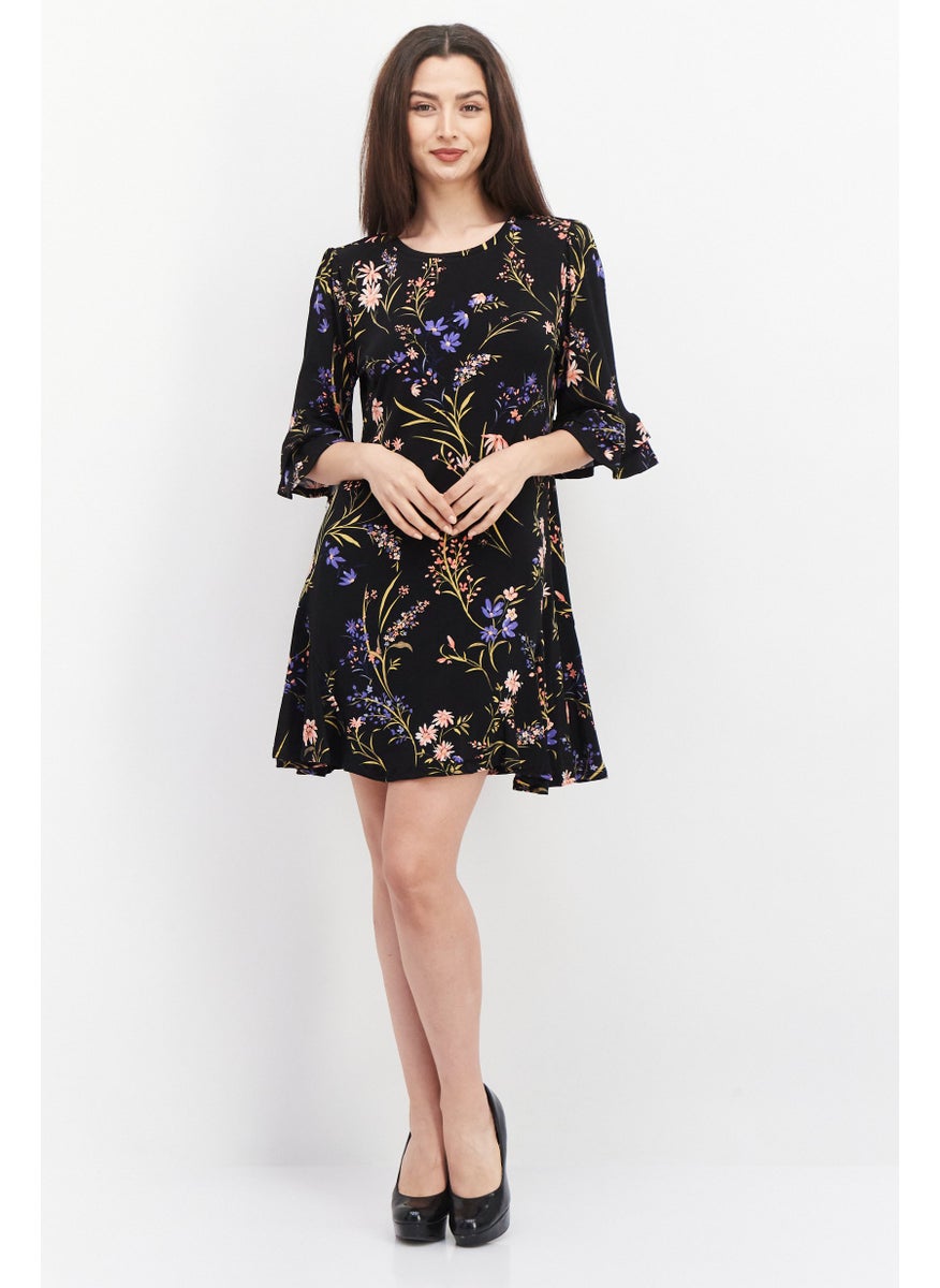 Women Floral Pattern Mini Dress, Black Combo