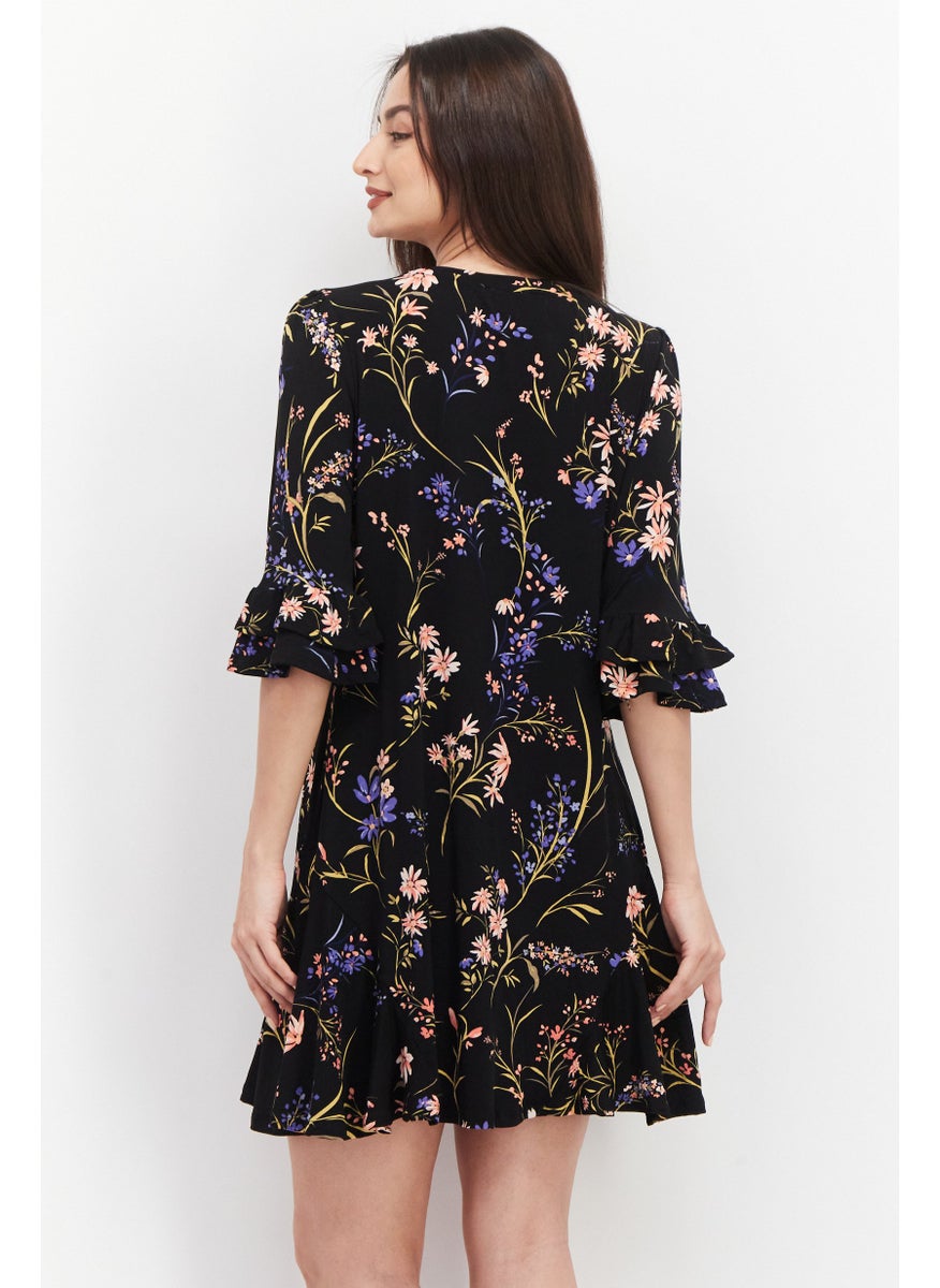 Women Floral Pattern Mini Dress, Black Combo