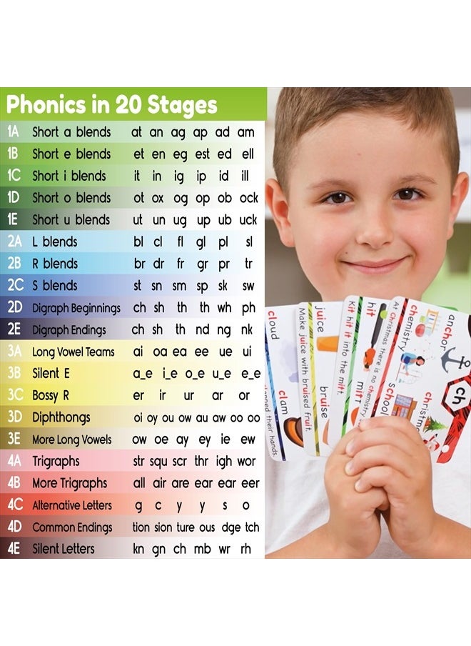 Phonics Flash Cards - Learn to Read in 20 Stages - Digraphs CVC Blends Long Vowel Sounds - Games for Kids Ages 4-8 Kindergarten First Second Grade Homeschool Educational Study Activity