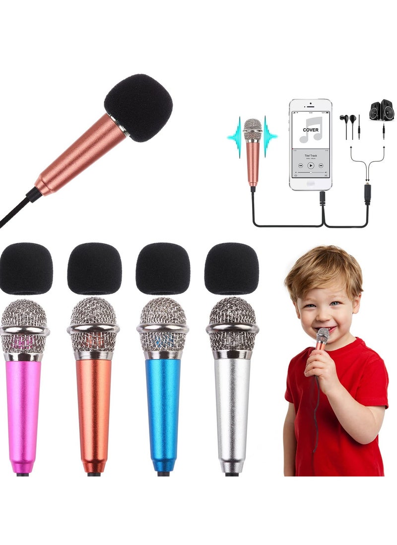 4-Piece Mini Microphone Tiny Microphone Mini Mic for Recording Voice and Singing on iPhone, Android Phones or Tablet, Metal, with 113 cm Cord, 3.5 mm Input (Rose Gold, Rose red, Silver, Blue)