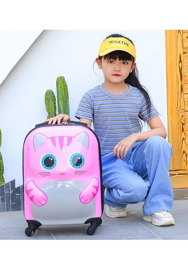 18 Inch Kids Luggage Children Carry On Rolling Suitcase Cartoon Cat Trolley Case for Girls Travel and School Pink