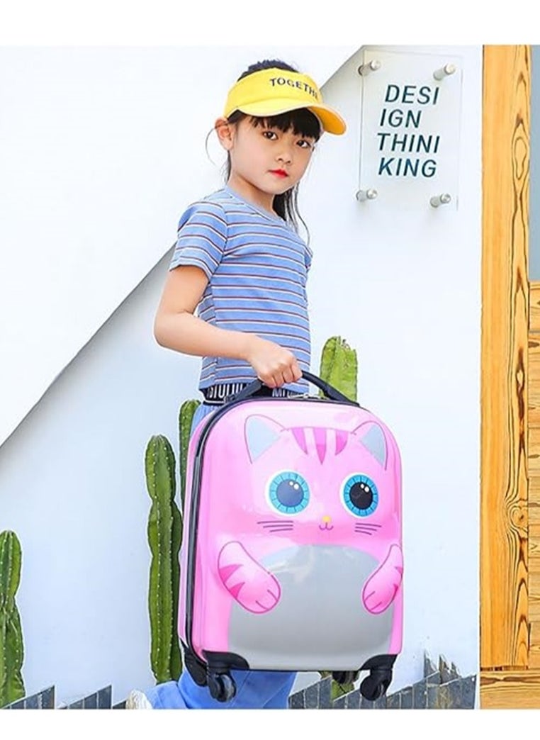 18 Inch Kids Luggage Children Carry On Rolling Suitcase Cartoon Cat Trolley Case for Girls Travel and School Pink