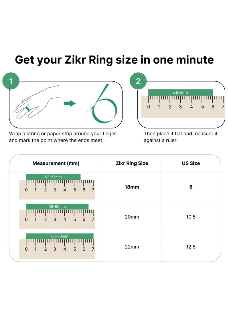 Smart Tasbih Zikr Ring Wide Display Powerful Battery Backup OLED Display F04 Flex Pro Smart Ring App Operated Tasbih Counter IP67 Waterproof Smart Zikr Ring Compatible Three Sizes (18mm/ 20mm/22mm) Aluminium Alloy iQibla Zikr Ring Green
