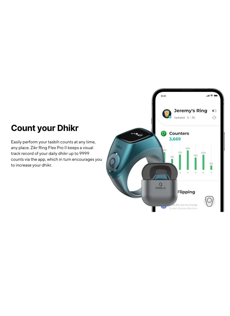 Smart Tasbih Zikr Ring Wide Display Powerful Battery Backup OLED Display F04 Flex Pro Smart Ring App Operated Tasbih Counter IP67 Waterproof Smart Zikr Ring Compatible Three Sizes (18mm/ 20mm/22mm) Aluminium Alloy iQibla Zikr Ring Blue