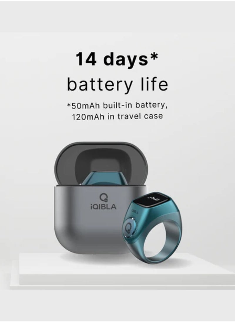 Smart Tasbih Zikr Ring Wide Display Powerful Battery Backup OLED Display F04 Flex Pro Smart Ring App Operated Tasbih Counter IP67 Waterproof Smart Zikr Ring Compatible Three Sizes (18mm/ 20mm/22mm) Aluminium Alloy iQibla Zikr Ring Blue