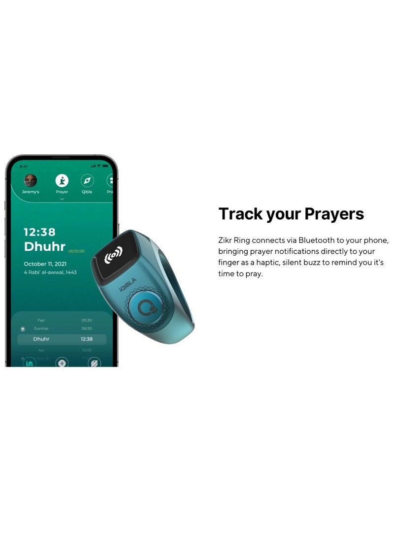 Smart Tasbih Zikr Ring Wide Display Powerful Battery Backup OLED Display F04 Flex Pro Smart Ring App Operated Tasbih Counter IP67 Waterproof Smart Zikr Ring Compatible Three Sizes (18mm/ 20mm/22mm) Aluminium Alloy iQibla Zikr Ring Blue