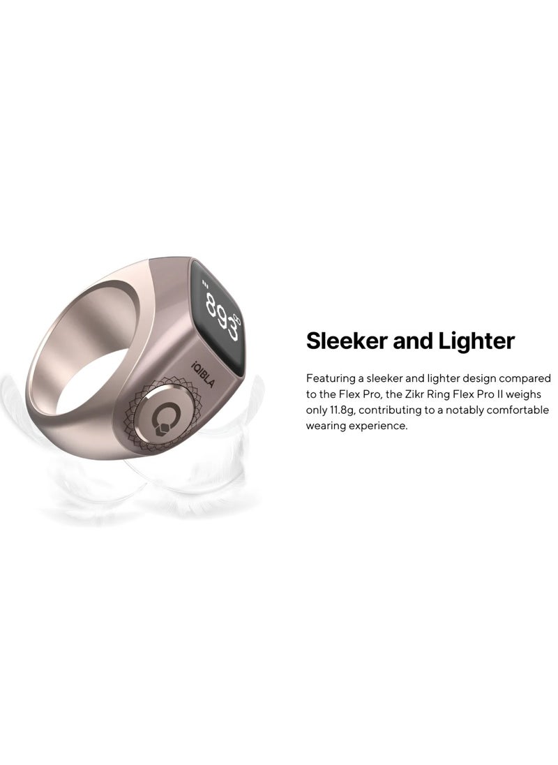Smart Tasbih Zikr Ring Wide Display Powerful Battery Backup OLED Display F04 Flex Pro Smart Ring App Operated Tasbih Counter IP67 Waterproof Smart Zikr Ring Compatible Three Sizes (18mm/ 20mm/22mm) Aluminium Alloy iQibla Zikr Ring Rose Gold