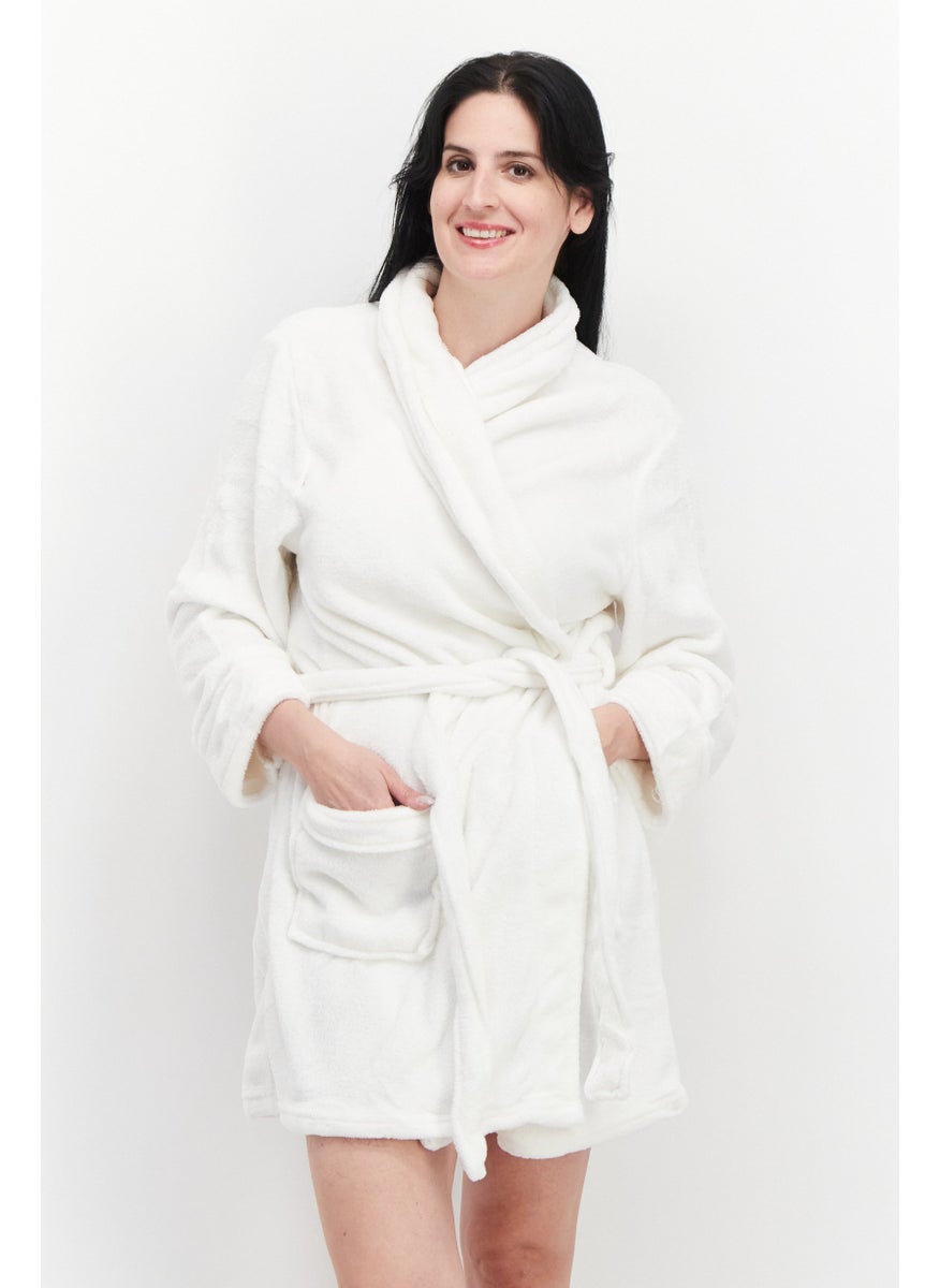 Women Belted Solid Velvet Robes, Off White