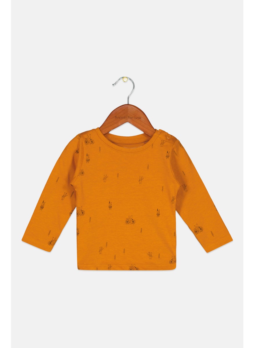 Toddlers Boy Crew Neck Long Sleeves Allover Pattern T-Shirts, Mustard