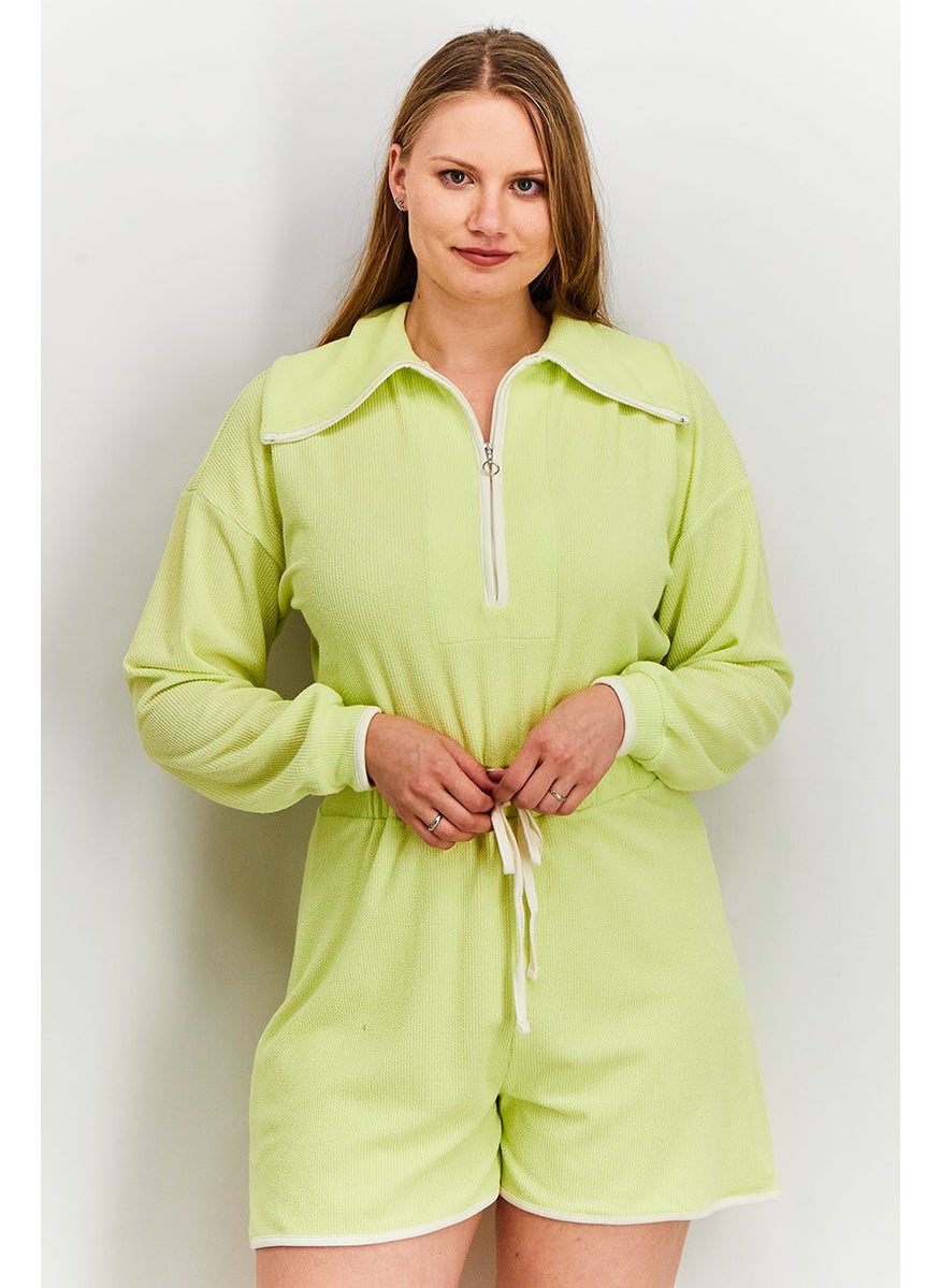 Women Textured Long Sleeves Oversized Playsuit, Green