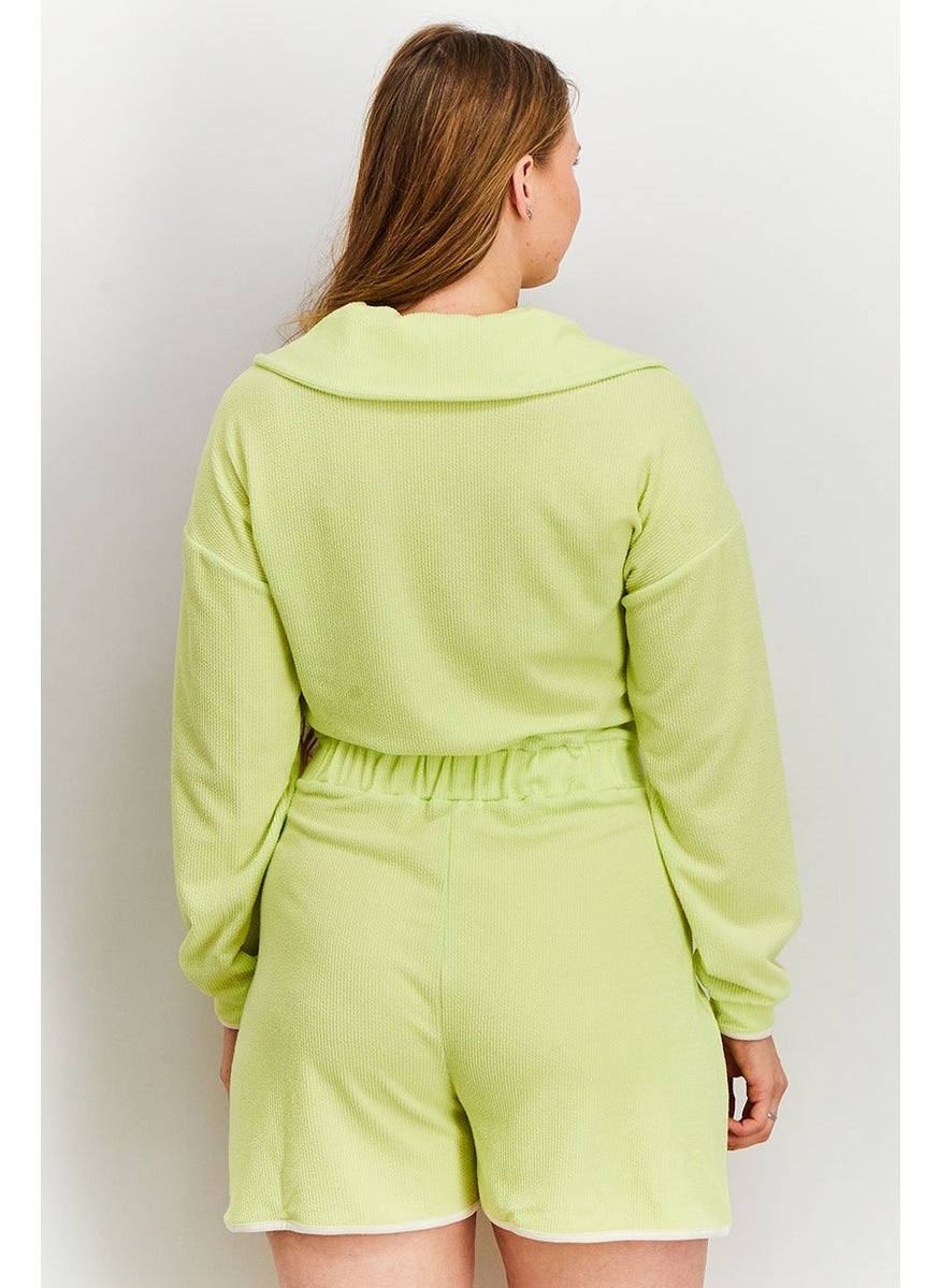 Women Textured Long Sleeves Oversized Playsuit, Green