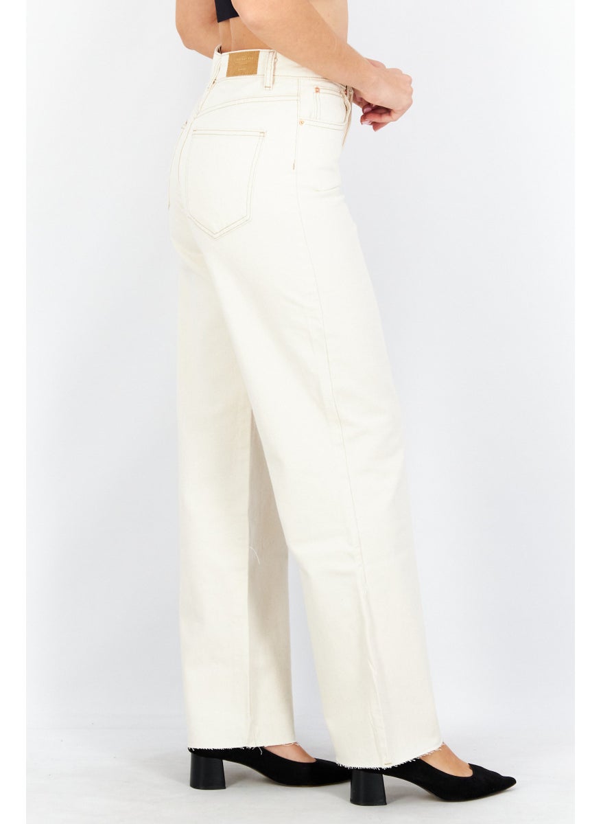 Women Straight Fit Textured Non-Stretchable Jeans, Cream