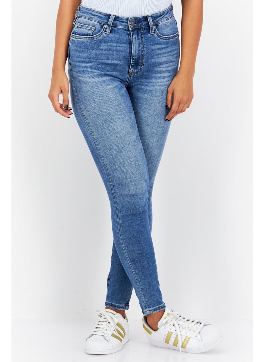 Women Skinny Fit High Rise Stretchable Jeans, Washed Blue