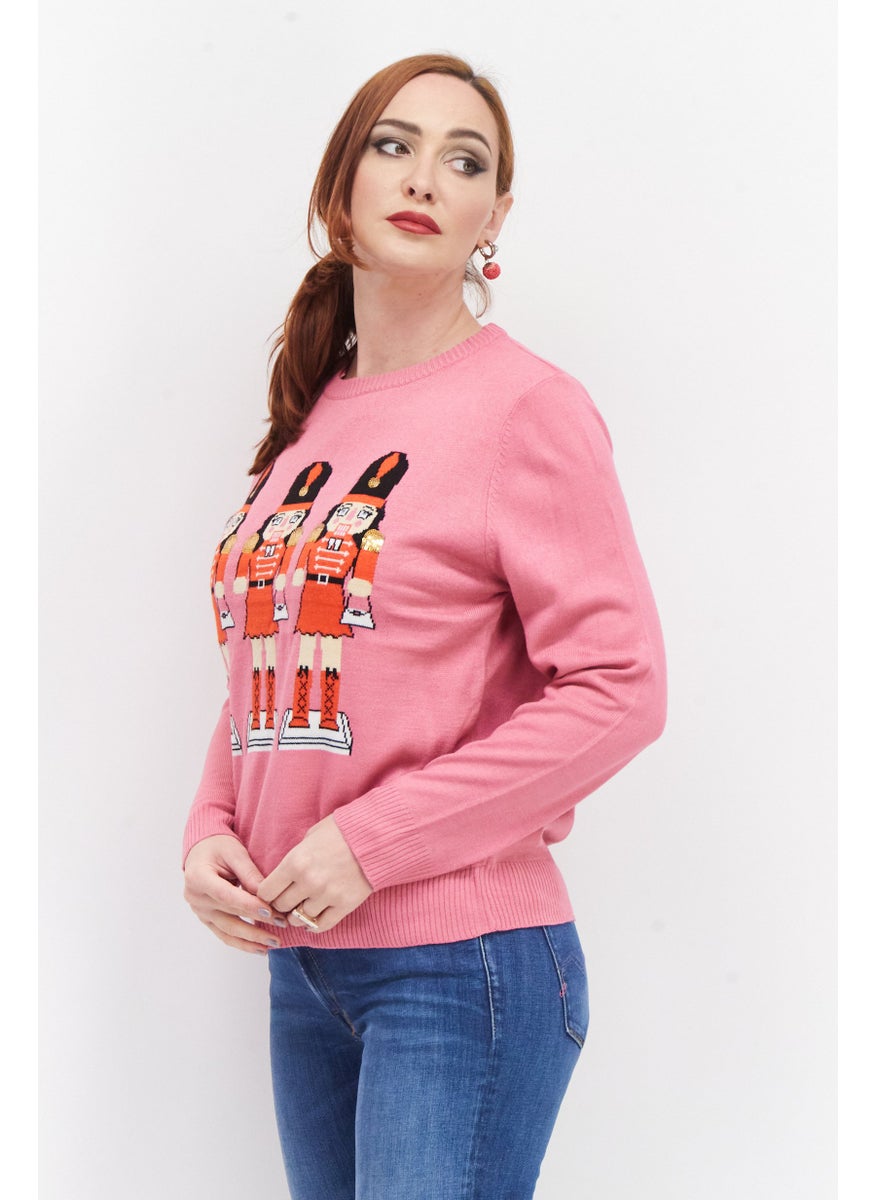 Women Round Neck Textured Sweater, Pink Combo