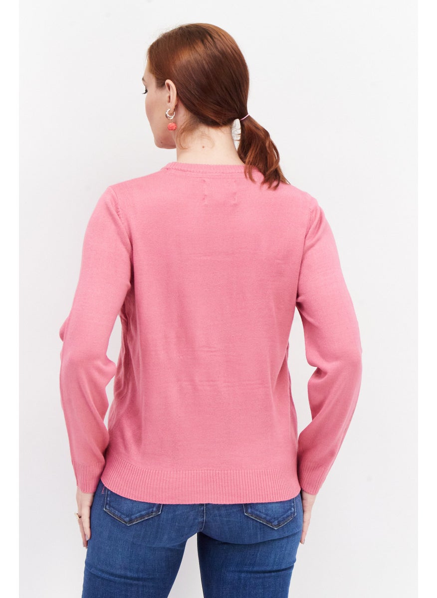 Women Round Neck Textured Sweater, Pink Combo