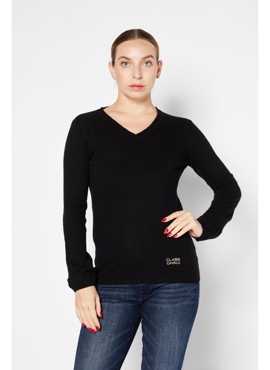 Women V Neck Long Sleeve Brand Logo Sweater, Black