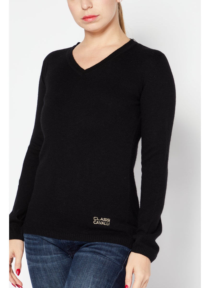 Women V Neck Long Sleeve Brand Logo Sweater, Black