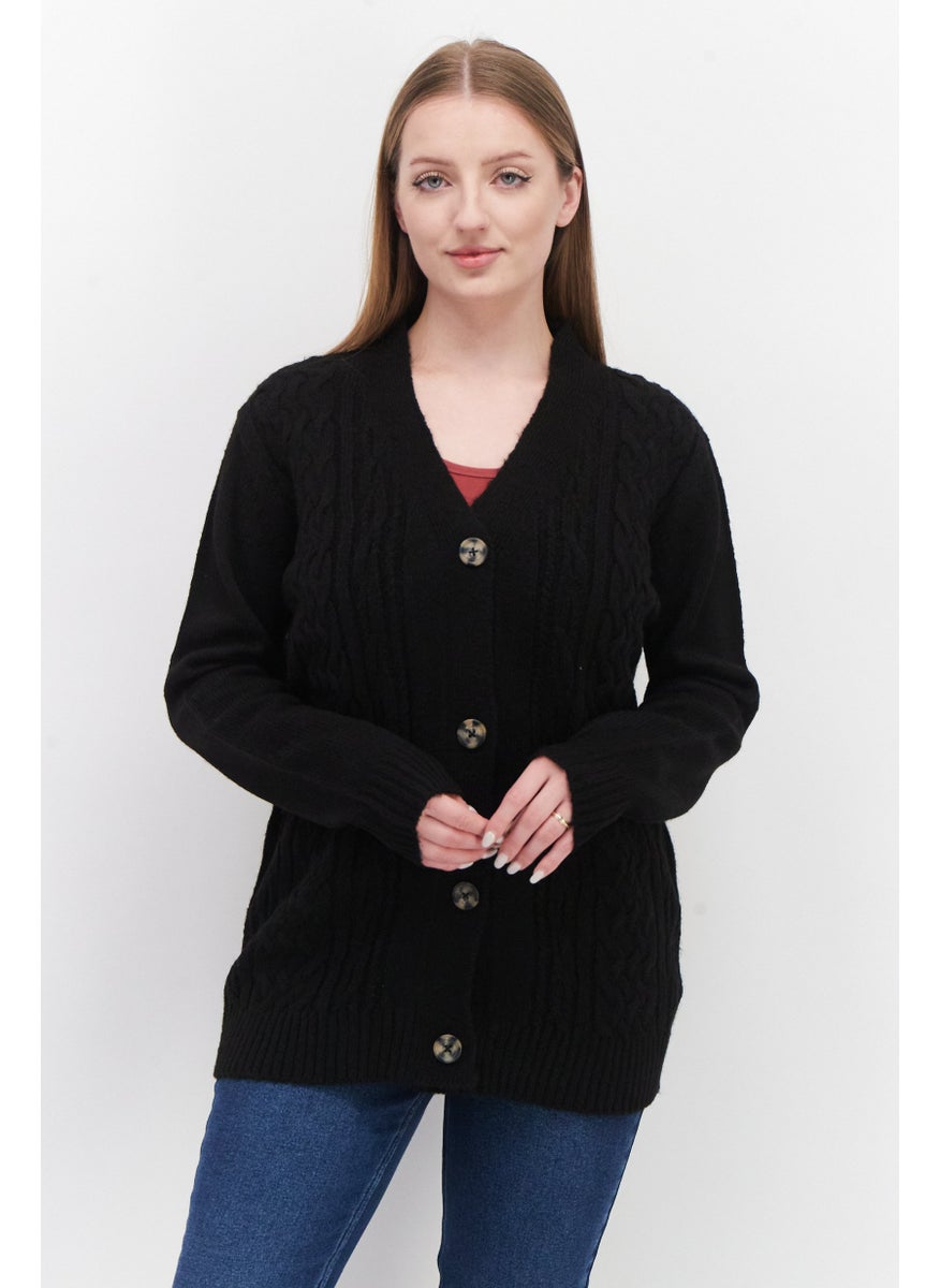 Women Cable Button Up Cardigan, Black