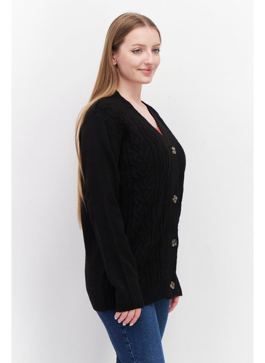 Women Cable Button Up Cardigan, Black