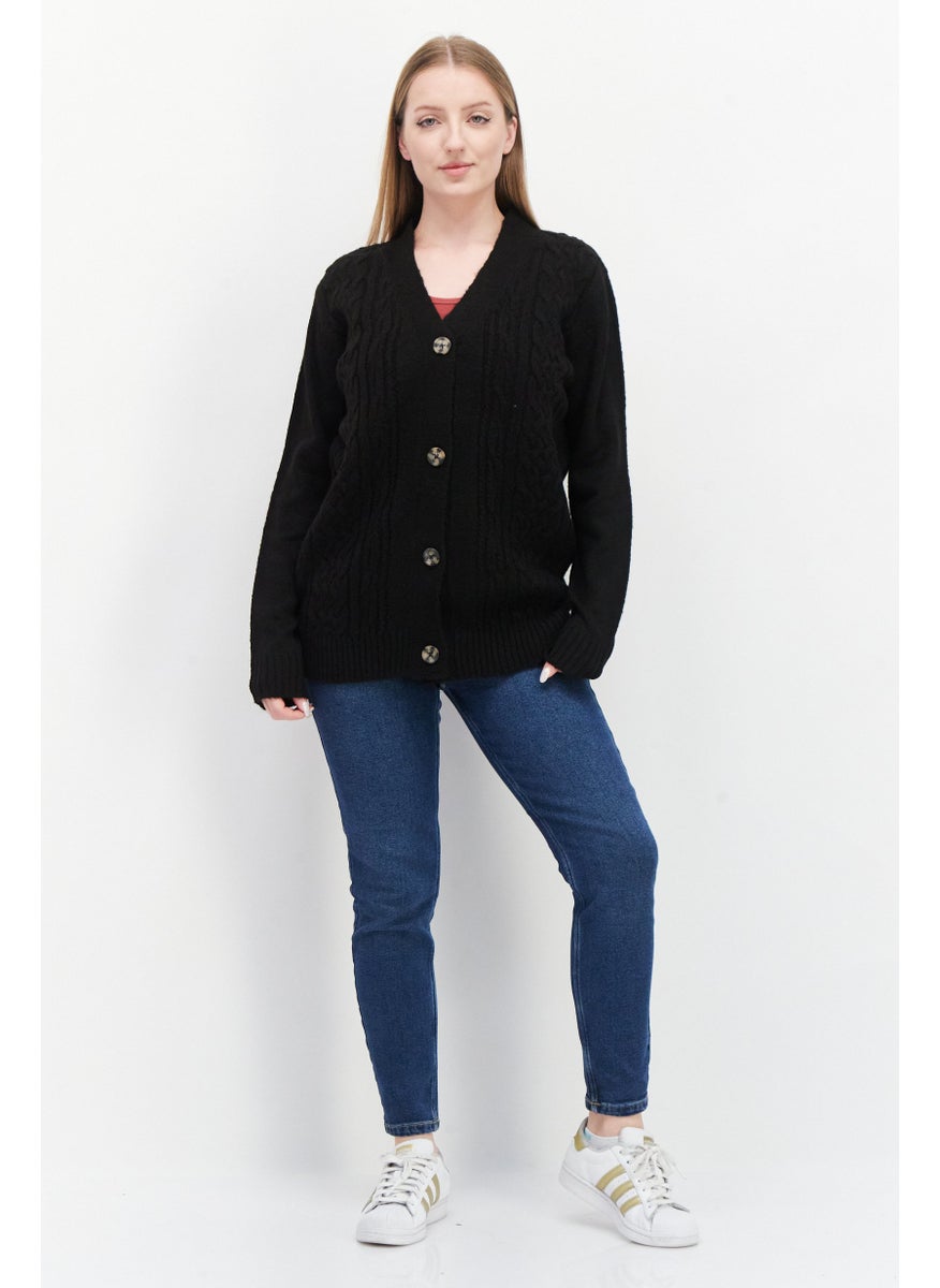 Women Cable Button Up Cardigan, Black