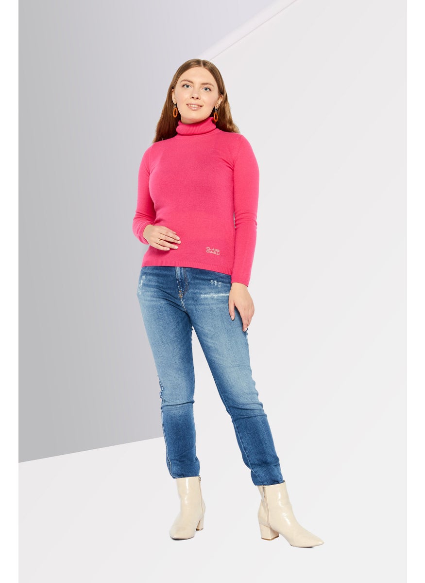 Women High Neck Long Sleeve Brand Logo Sweater, Pink