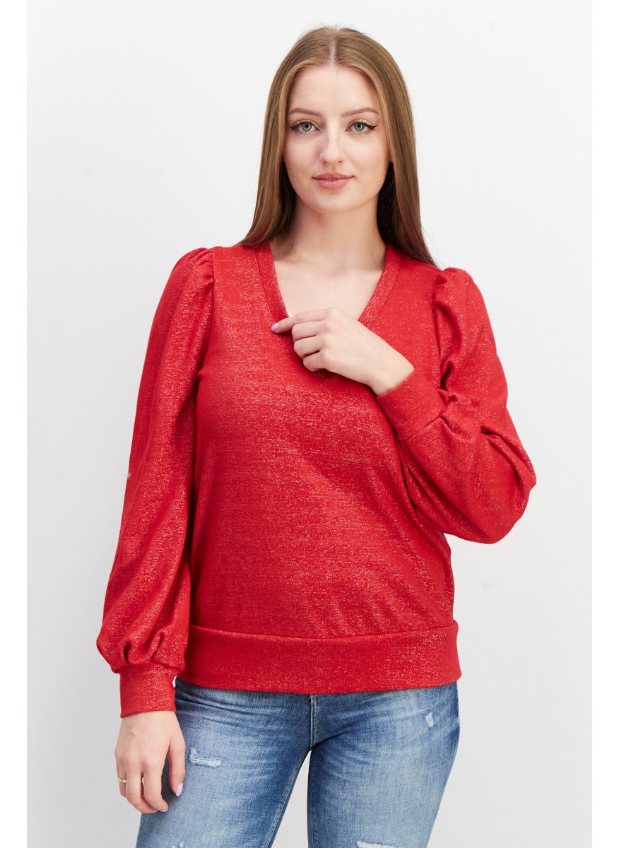 Women V-Neck Metallic Sweater, Cherry Candy