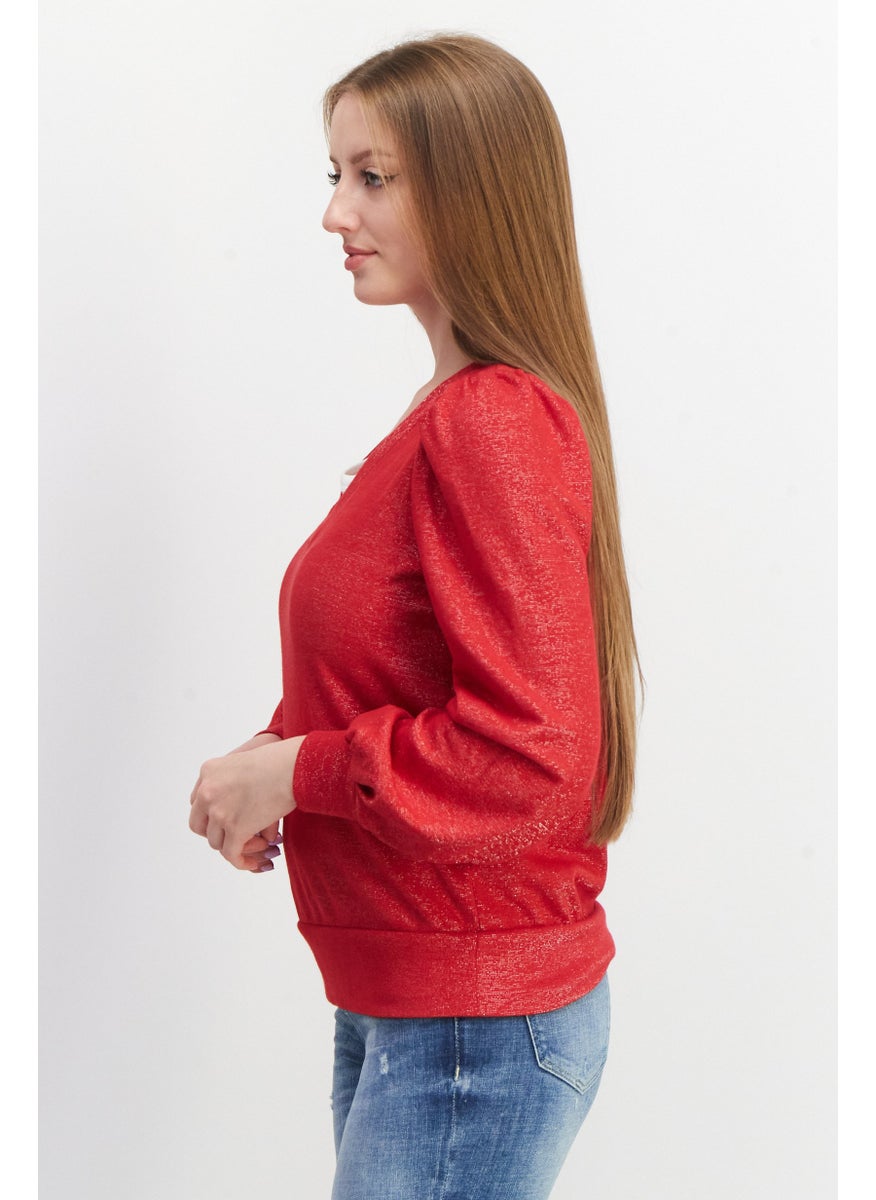 Women V-Neck Metallic Sweater, Cherry Candy