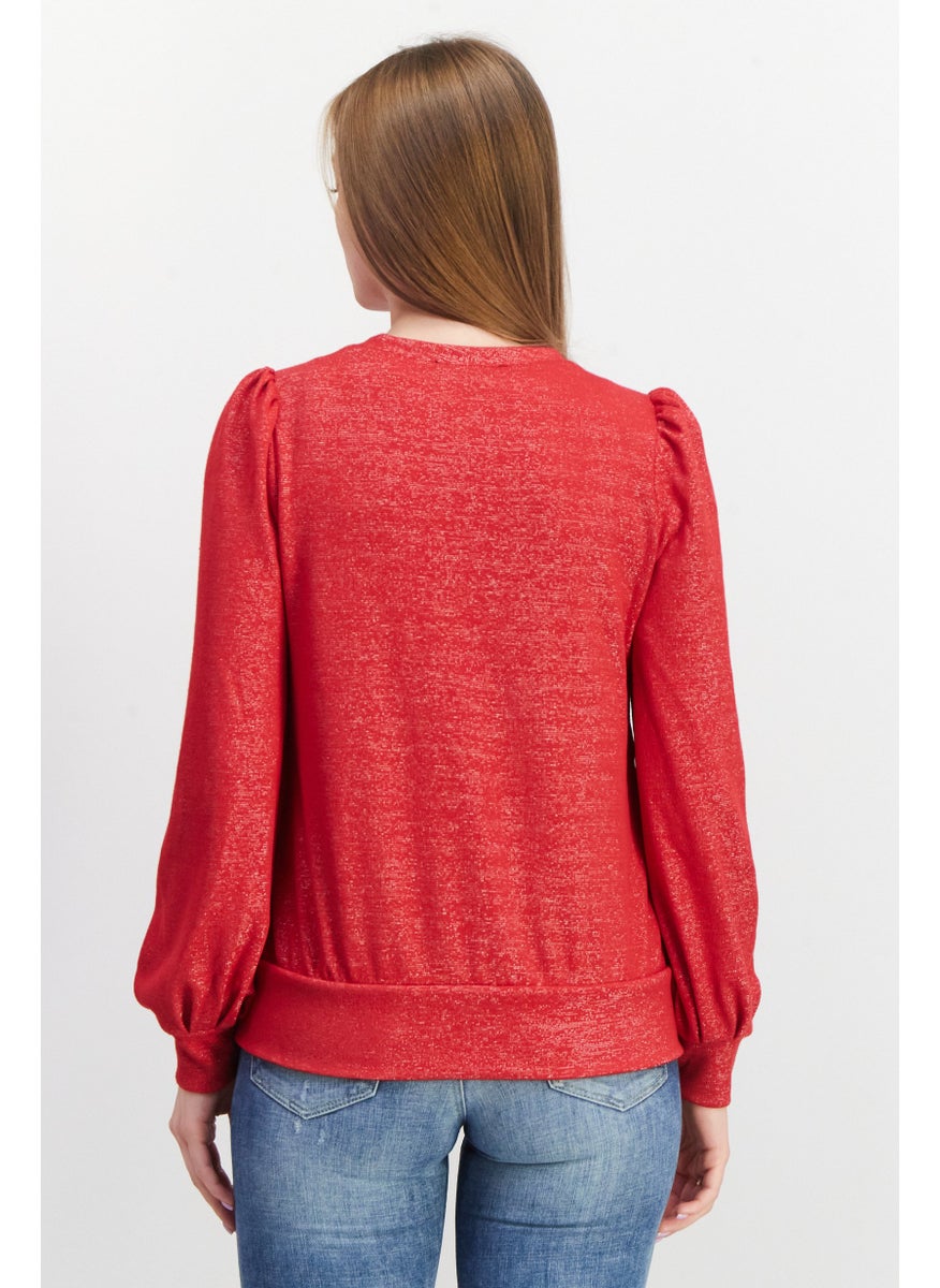 Women V-Neck Metallic Sweater, Cherry Candy